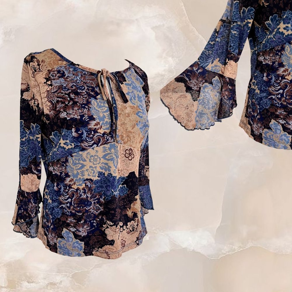 AGB BYER CALIFORNIA Blue Paisley Floral Top 3/4 Bell Sleeve Lettuce Hem Y2K Mesh